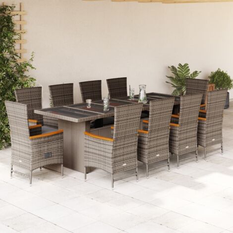 Set de comedor de jardín 11 pzas y cojines ratán sintético gris