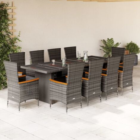 Set de comedor de jardín 11 pzas y cojines ratán sintético gris