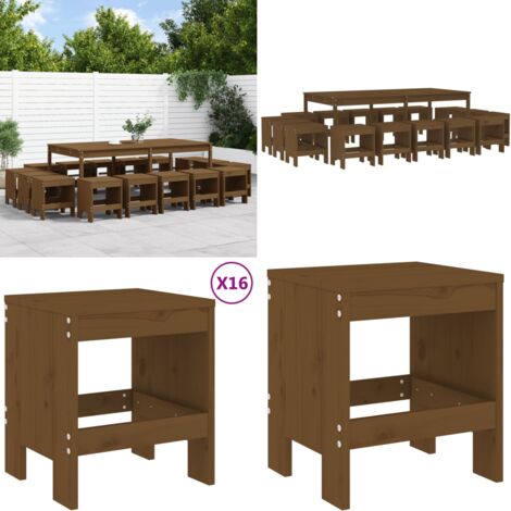 Set de comedor de jardín 17 pzas madera maciza pino marrón miel - Mesa de jardín - Taburetes de jardín