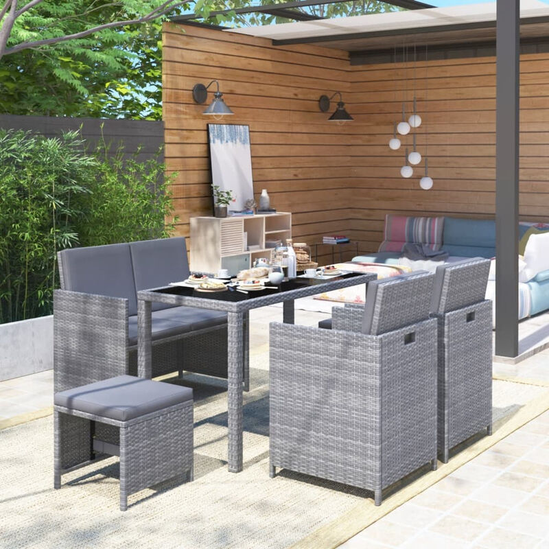 

Set de comedor de jardin 6 pzas y cojines ratan sintetico gris