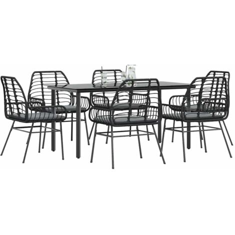 Set de comedor de jardín 7 piezas cojines ratán sintético negro