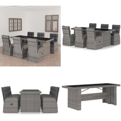 Set de comedor de jardín 7 pzas y cojines ratán sintético gris - Sillas reclinables - Cojines sintéticos