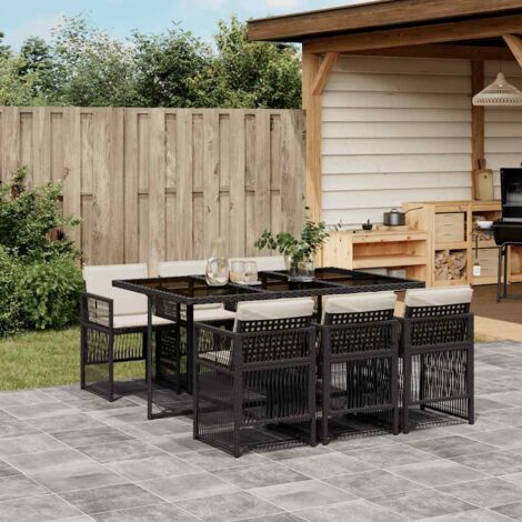 Set de comedor de jardín 7 pzas y cojines ratán sintético negro