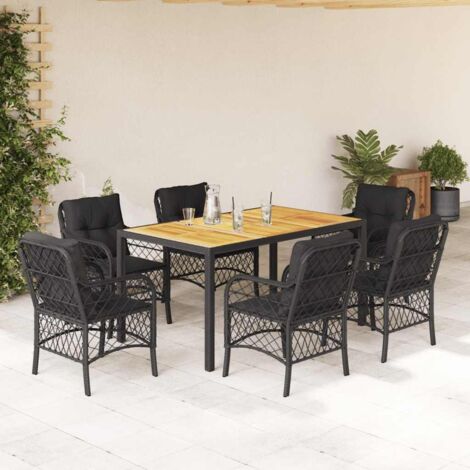 Set de comedor de jardín 7 pzas y cojines ratán sintético negro