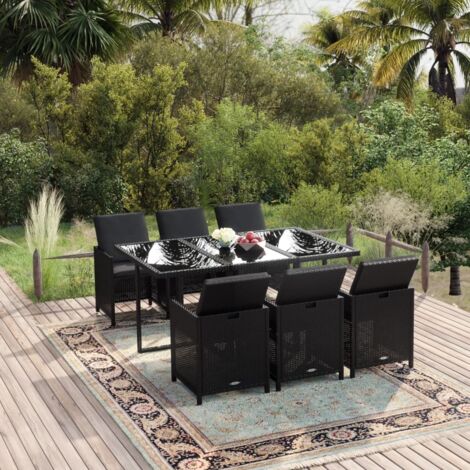 Set de comedor de jardín 7 pzas y cojines ratán sintético negro