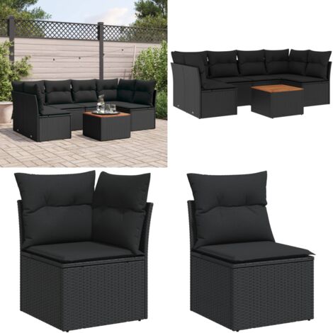Set de comedor de jardín 7 pzas y cojines ratán sintético negro - Asiento de jardín - Muebles de jardín