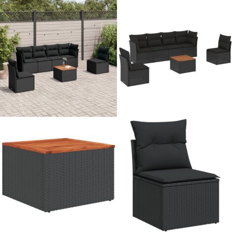 Set de comedor de jardín 7 pzas y cojines ratán sintético negro - Asiento de jardín - Muebles de jardín
