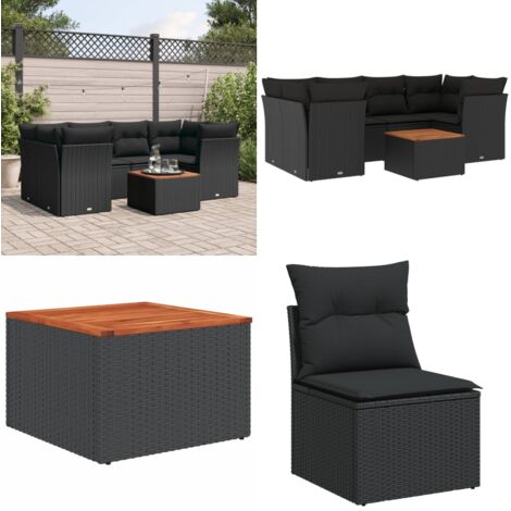 Set de comedor de jardín 7 pzas y cojines ratán sintético negro - Asiento de jardín - Muebles de jardín