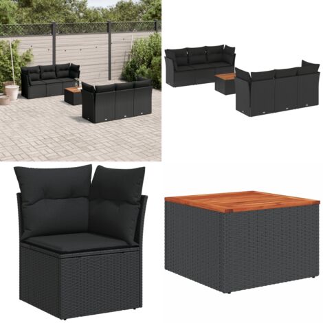 Set de comedor de jardín 7 pzas y cojines ratán sintético negro - Asiento de jardín - Muebles de jardín
