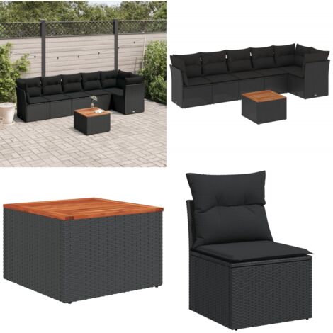 Set de comedor de jardín 7 pzas y cojines ratán sintético negro - Asiento de jardín - Muebles de jardín