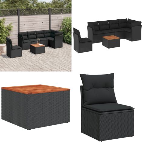 Set de comedor de jardín 7 pzas y cojines ratán sintético negro - Asiento de jardín - Muebles de jardín