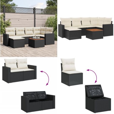 Set de comedor de jardín 7 pzas y cojines ratán sintético negro - Muebles de exterior - Cojines para jardín