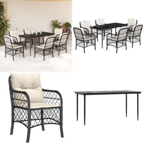 Set de comedor de jardín 7 pzas y cojines ratán sintético negro - Muebles de jardín - Sillas de jardín