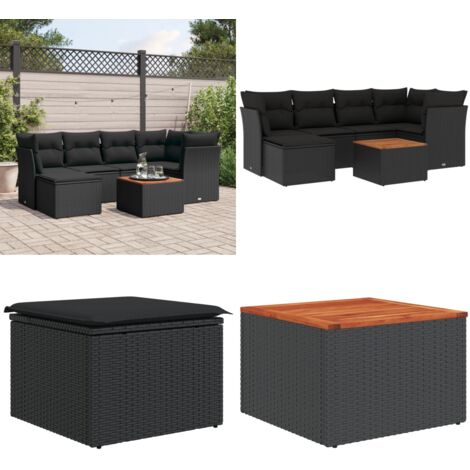 Set de comedor de jardín 7 pzas y cojines ratán sintético negro - Muebles de jardín - Sofás de jardín