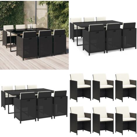Set de comedor de jardín 7 pzas y cojines ratán sintético negro - Sillas de jardín - Cojines sintéticos