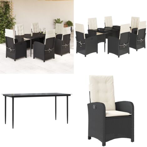 Set de comedor de jardín 7 pzas y cojines ratán sintético negro - Sillas de jardín reclinables - Cojines para asiento