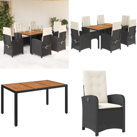 Set de comedor de jardín 7 pzas y cojines ratán sintético negro - Sillas de jardín reclinables - Cojines para jardín