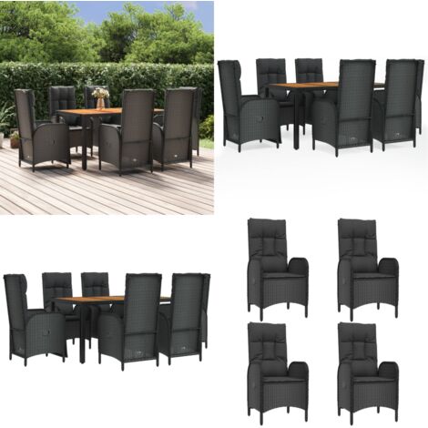Set de comedor de jardín 7 pzas y cojines ratán sintético negro - Sillas de jardín reclinables - Cojines sintéticos