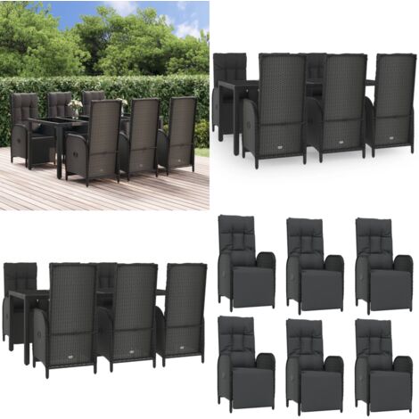 Set de comedor de jardín 7 pzas y cojines ratán sintético negro - Sillas reclinables - Cojines sintéticos