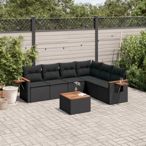 Set de comedor de jardín 7 pzas y cojines ratán sintético negro vidaXL