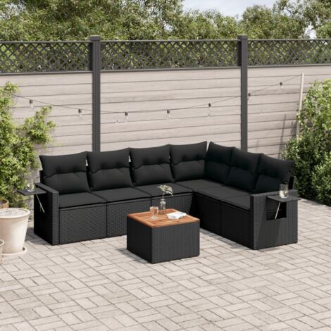 Set de comedor de jardín 7 pzas y cojines ratán sintético negro vidaXL