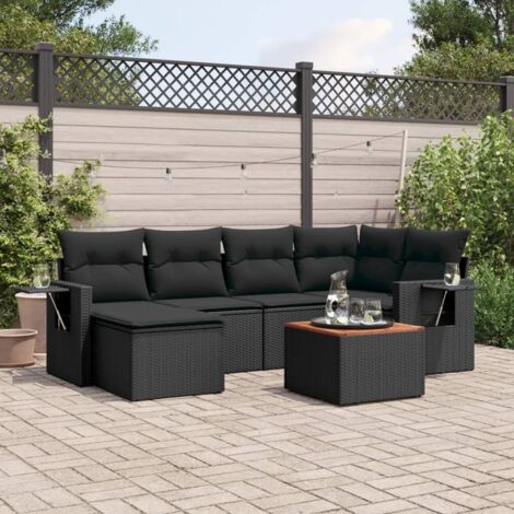 Set de comedor de jardín 7 pzas y cojines ratán sintético negro vidaXL