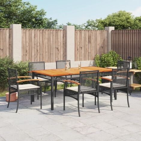 Set de comedor de jardín 7 pzas y cojines ratán sintético negro vidaXL