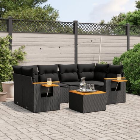 Set de comedor de jardín 7 pzas y cojines ratán sintético negro vidaXL