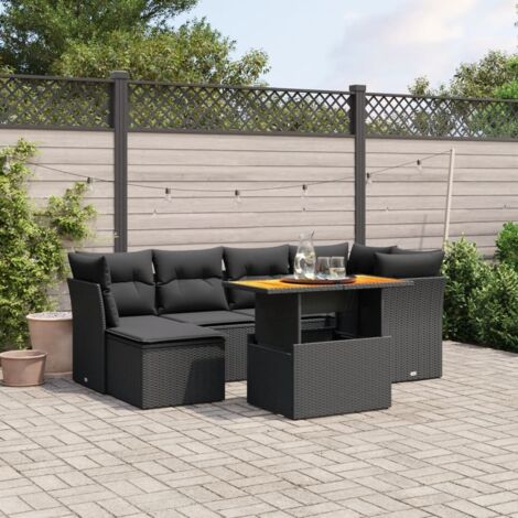 Set de comedor de jardín 7 pzas y cojines ratán sintético negro vidaXL