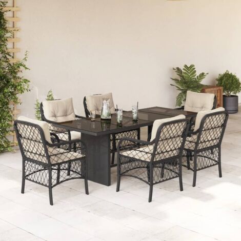 Set de comedor de jardín 7 pzas y cojines ratán sintético negro vidaXL