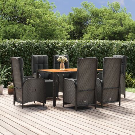 Set de comedor de jardín 7 pzas y cojines ratán sintético negro vidaXL