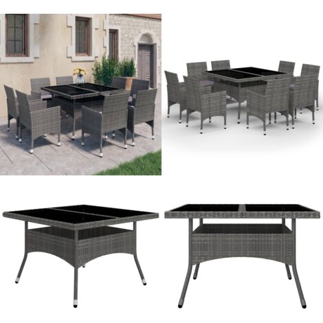 Set de comedor de jardín 9 piezas ratán PE y vidrio gris - Comedor de jardín - Mesa de comedor