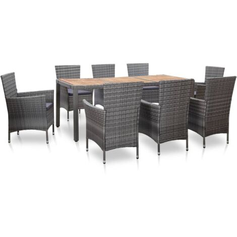 Set de comedor de jardín 9 pzas y cojines ratán sintético gris