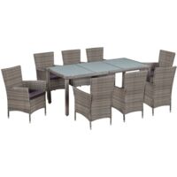 Set de comedor de jardín 9 pzas y cojines ratán sintético gris