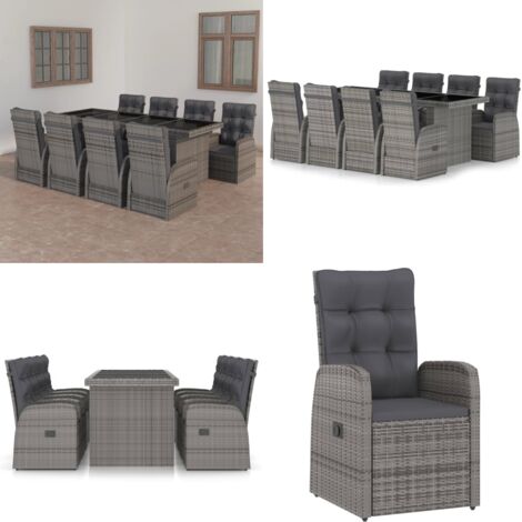 Set de comedor de jardín 9 pzas y cojines ratán sintético gris - Sillas reclinables - Cojines sintéticos