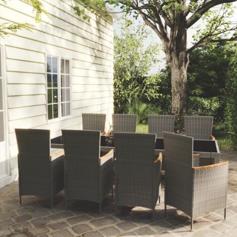 Set de comedor de jardín 9 pzas y cojines ratán sintético gris vidaXL