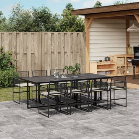 Set de comedor de jardín 9 pzas y cojines ratán sintético negro