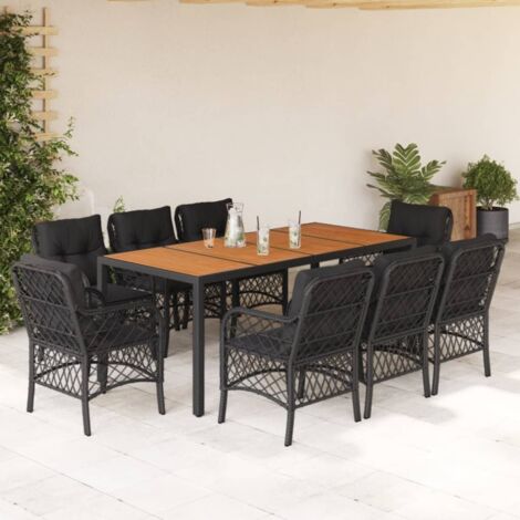 Set de comedor de jardín 9 pzas y cojines ratán sintético negro