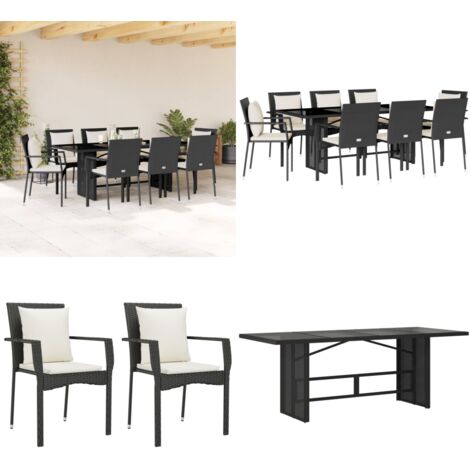 Set de comedor de jardín 9 pzas y cojines ratán sintético negro - Muebles de jardín - Sillas de jardín