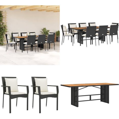 Set de comedor de jardín 9 pzas y cojines ratán sintético negro - Muebles de jardín - Sillas de jardín