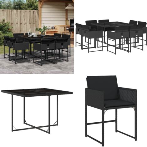 Set de comedor de jardín 9 pzas y cojines ratán sintético negro - Sillas de jardín - Cojines para sillas