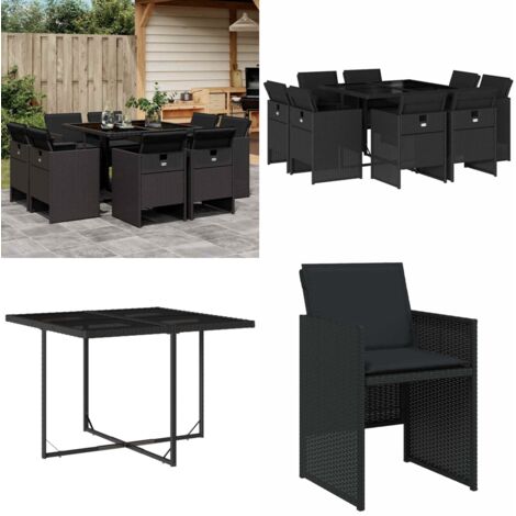 Set de comedor de jardín 9 pzas y cojines ratán sintético negro - Sillas de jardín - Cojines para sillas