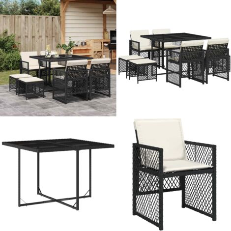 Set de comedor de jardín 9 pzas y cojines ratán sintético negro - Sillas de jardín - Cojines para sillas
