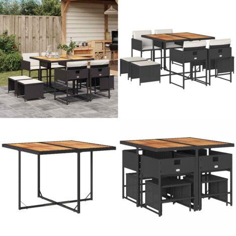 Set de comedor de jardín 9 pzas y cojines ratán sintético negro - Sillas de jardín - Cojines para sillas