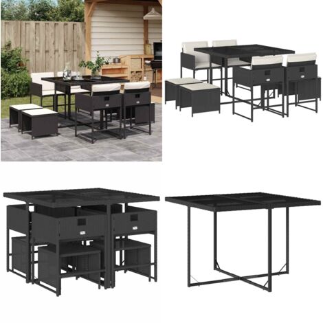 Set de comedor de jardín 9 pzas y cojines ratán sintético negro - Sillas de jardín - Cojines para sillas