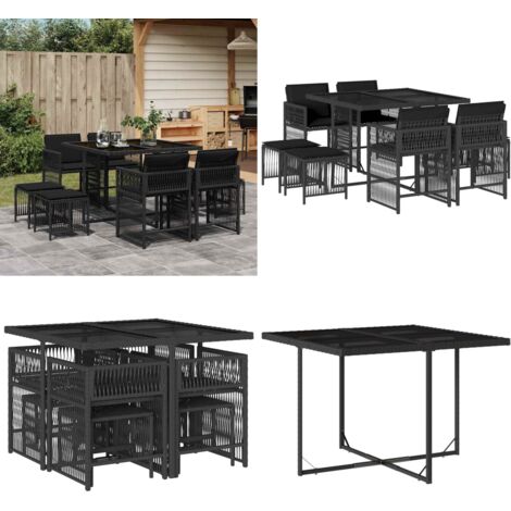 Set de comedor de jardín 9 pzas y cojines ratán sintético negro - Sillas de jardín - Cojines para sillas