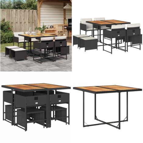 Set de comedor de jardín 9 pzas y cojines ratán sintético negro - Sillas de jardín - Cojines para sillas