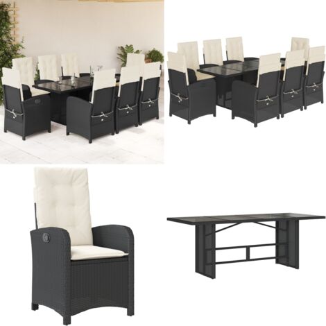 Set de comedor de jardín 9 pzas y cojines ratán sintético negro - Sillas de jardín reclinables - Cojines de asiento