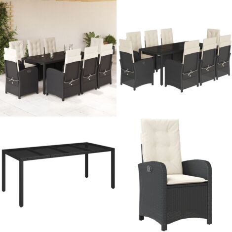 Set de comedor de jardín 9 pzas y cojines ratán sintético negro - Sillas de jardín reclinables - Cojines para jardín