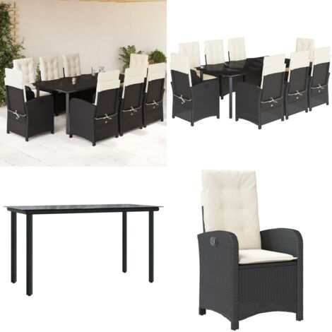 Set de comedor de jardín 9 pzas y cojines ratán sintético negro - Sillas de jardín reclinables - Cojines para jardín